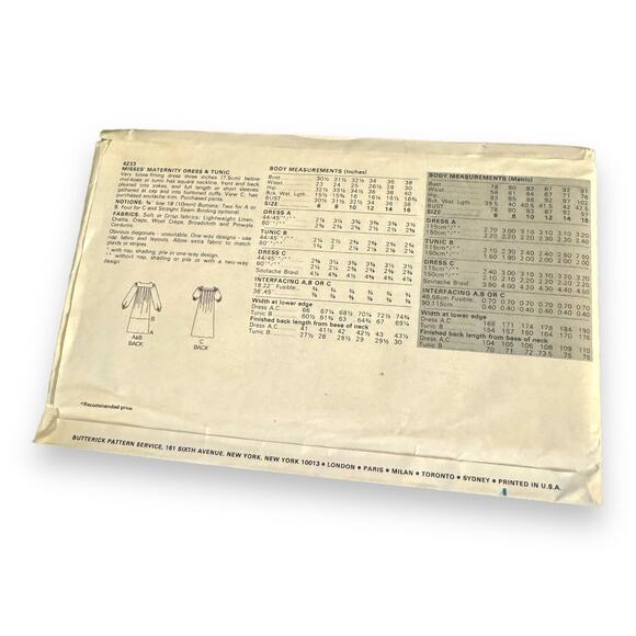 Butterick 4233 Vintage Sewing Pattern Maternity Dress Tunic Loose Fitting Sz 16 - Picture 3 of 3